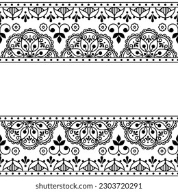 Scandinavian folk art outline vector seamless greeting card pattern, black and white retro design with flowers inspired by old embroidery backgrounds