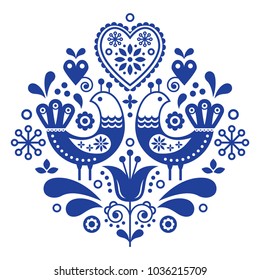 Scandinavian folk art pattern with birds and flowers, Nordic floral design, retro background in navy blue
.

