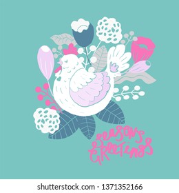 Scandinavian folk art pattern with birds chiken  and flowers , seasons greetings
