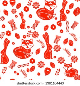 Scandinavian folk art pattern with birds and flowers 