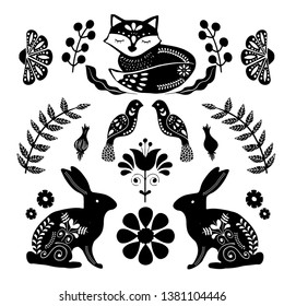 Scandinavian folk art pattern with birds and flowers 