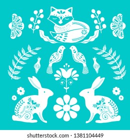 Scandinavian folk art pattern with birds and flowers 