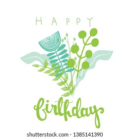Scandinavian folk art pattern with birds and flowers. Happy lettering