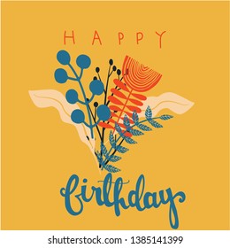 Scandinavian folk art pattern with birds and flowers. Happy lettering