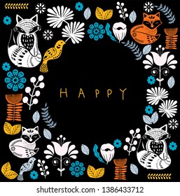 Scandinavian folk art pattern with birds, foxes, bunny and flowers. Nordic style