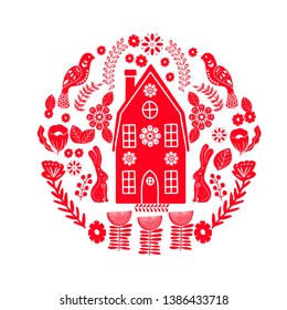 Scandinavian folk art pattern with birds, foxes, bunny and flowers. Nordic style
