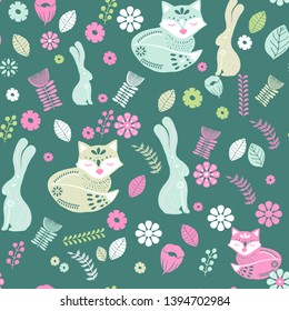 Scandinavian folk art pattern with birds, fox and bunny, and flowers 