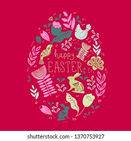 Scandinavian folk art pattern  block print Spring easter greetings with birds, bunny and flowers 