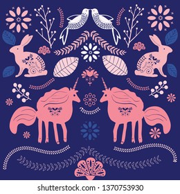 Scandinavian folk art pattern  block print Spring easter greetings with birds, bunny, unicorn and flowers 