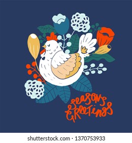 Scandinavian folk art pattern  block print Spring easter greetings with birds, bunny and flowers 