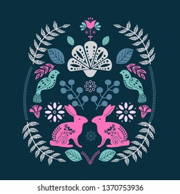 Scandinavian folk art pattern  block print Spring easter greetings with birds, bunny and flowers 