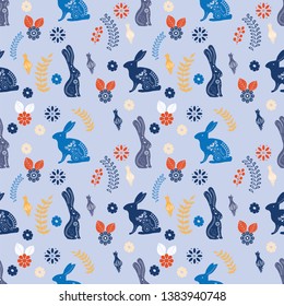 Scandinavian folk art pattern with bunny and flowers 