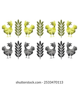 Scandinavian folk art pattern with Chicken and leaf. Chicken and Leaf Designs Featuring Green, Yellow, Black, White and Gray Color.