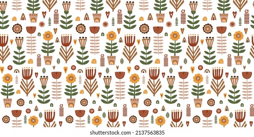 Scandinavian folk art pattern. Folk floral pattern. Swedish folk art print, seamless background, swedish textile, wallpaper in vector. Bright stylized decorative floral elements. Scandi illustration.