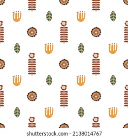 Scandinavian folk art pattern. Folk floral pattern. Swedish folk art print, seamless background, swedish textile, wallpaper in vector. Bright stylized decorative floral elements. Scandi illustration.