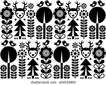 Scandinavian folk art pattern with flowers and animals, Finnish inspired design in black and white
