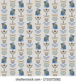 Scandinavian Folk Art Pattern with Primitive Flowers and Blue Bunnies on Gray Background