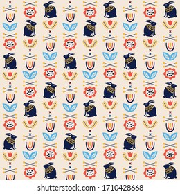 Scandinavian Folk Art Pattern with Primitive Red Flowers and Dark Blue Bunnies on Beige Background