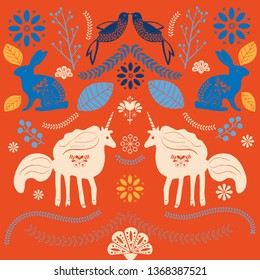 Scandinavian folk art pattern with unicorn, birds, bunny and flowers. Happy easter
