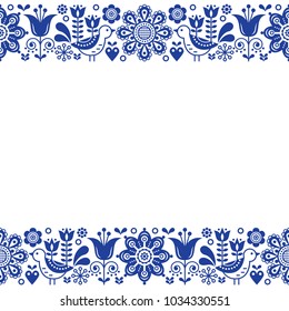 Scandinavian folk art retro vector greeting card design, floral ornament in navy blue. Floral background with birds and flowers inspired by Swedish and Norwegian traditional embroidery 