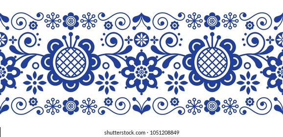 Scandinavian folk art retro vector long pattern, floral ornament in navy blue - seamless stripe stripe.

Floral repetitive background with birds and flowers inspired by Swedish and Norwegian art