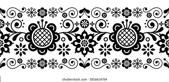 Scandinavian folk art retro vector long pattern, floral ornament in black and white - seamless stripe stripe. Floral monochrome repetitive background with birds and flowers inspired by Swedish art