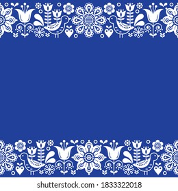 Scandinavian folk art retro vector greeting card or invitation design, floral ornament with birds in white on navy blue. Floral background with birds and flowers inspired by Swedish and Norwegian art