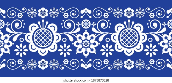 Scandinavian folk art retro vector long pattern, floral ornament in white on navy blue - seamless stripe. Floral repetitive background with birds and flowers inspired by Swedish and Norwegian art