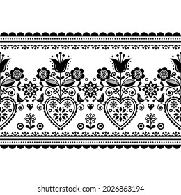 Scandinavian folk art seamless long black horizontal vector pattern with birds and flowers, Nordic style ornament with flowers. Cute retro monochrome floral background.