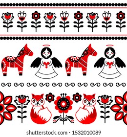 Scandinavian folk art seamless pattern with Swedish Dala horse, rabbit, fox,  flowers and angel. Swedish and Norwegian vector background can be used for wallpaper and textile designer.