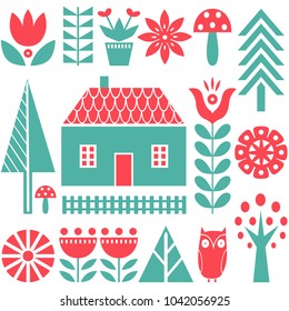 Scandinavian folk art seamless vector pattern with green and red flowers, trees, mushrooms, owl, houses and rural scenery in simple style