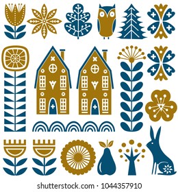 Scandinavian folk art seamless vector pattern with gold and blue flowers, trees, rabbit, owl, houses with decorative elements and rural scenery in simple style