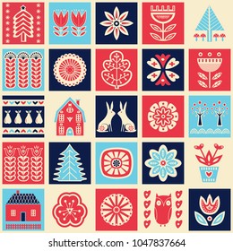 Scandinavian folk art seamless vector pattern with flowers, trees, rabbit, owl, houses, mushrooms, pears with decorative elements in simple style