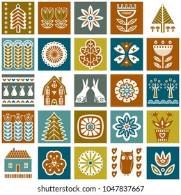 Scandinavian folk art seamless vector pattern with flowers, trees, rabbit, owl, houses, mushrooms, pears with decorative elements in simple style