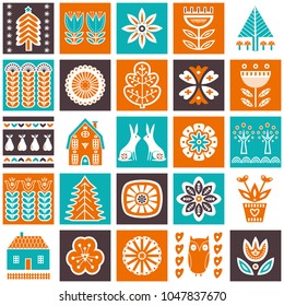 Scandinavian folk art seamless vector pattern with flowers, trees, rabbit, owl, houses, mushrooms, pears with decorative elements in simple style