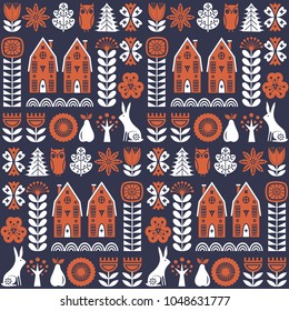 Scandinavian folk art seamless vector pattern with orange and white flowers, trees, rabbit, owl, houses with decorative elements and rural scenery in simple style