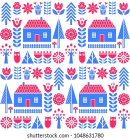 Scandinavian folk art seamless vector pattern with blue and pink flowers, trees, mushrooms, owl, houses and rural scenery in simple style