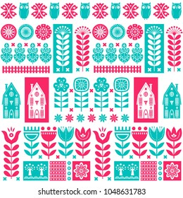 Scandinavian folk art seamless vector pattern with blue and pink flowers, trees, owl, houses with decorative elements in simple style