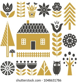Scandinavian folk art seamless vector pattern with grey and gold flowers, trees, mushrooms, owl, houses and rural scenery in simple style