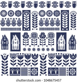 Scandinavian folk art seamless vector pattern with blue and white flowers, trees, owl, houses with decorative elements in simple style