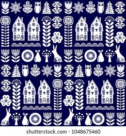 Scandinavian folk art seamless vector pattern with white flowers, trees, rabbit, owl, houses with decorative elements and rural scenery on blue background in simple style