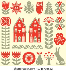 Scandinavian folk art seamless vector pattern with grey and red flowers, trees, rabbit, owl, houses with decorative elements and rural scenery in simple style