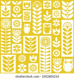 Scandinavian folk art seamless vector pattern with white and yellow flowers, plants and owls in minimalist style