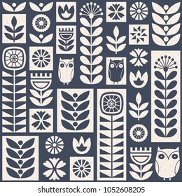 Scandinavian folk art seamless vector pattern with white and blue flowers, plants and owls on worn out texture in minimalist style