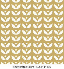 Scandinavian folk art seamless vector pattern with white plants on worn out gold texture in minimalist style