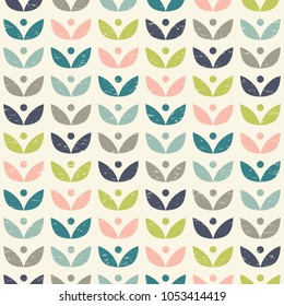 Scandinavian folk art seamless vector pattern with colorful plants on worn out texture in minimalist style