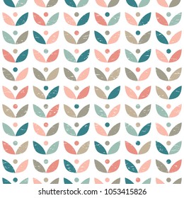 Scandinavian folk art seamless vector pattern with colorful plants on worn out texture in minimalist style