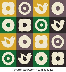 Scandinavian folk art seamless vector checkered pattern with colorful flowers, birds and circles in squares in minimalist style