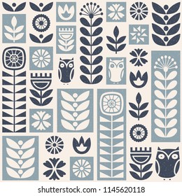 Scandinavian folk art seamless vector pattern with white and blue flowers, plants and owls on worn out texture in minimalist style