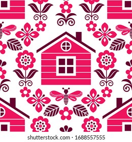 Scandinavian folk art seamless vector floral pattern with Finnish or Norwegian house, textile design with flowers in red and brown
